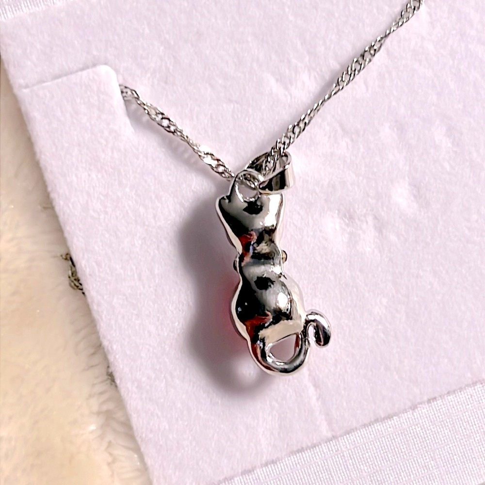 NEW! ๐๐๐โโฌ 16-18โ PINK BLACK WHITE CRYSTAL EMBELLISHED SILVER KITTY CAT NECKLACE - Picture 3 of 9